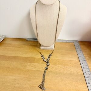 Crystal flower necklace on long lanyard chain with metallic tassel